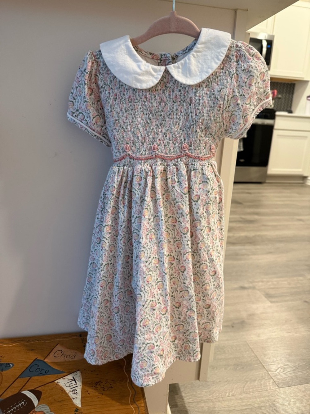 Smocked Peter Pan Collar Kids Dress in Pink & Blue Floral
